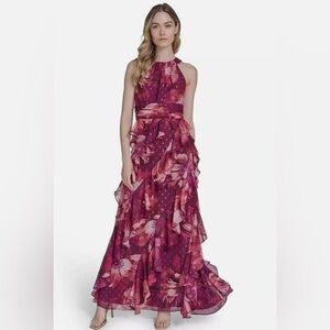 Eliza J Berry-Pink Floral Halter Ruffle Maxi Dress